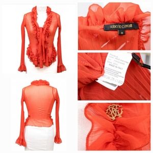 Roberto Cavalli red sheer ruffle blouse